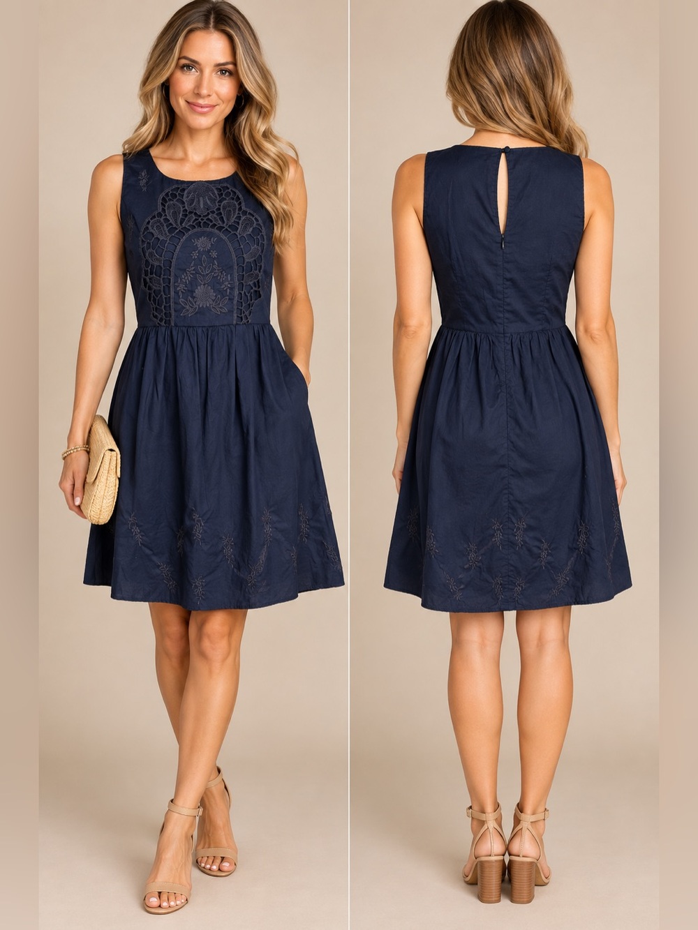 LOFT Petites Navy Embroidered
Eyelet Fit & Flare Dress OOP